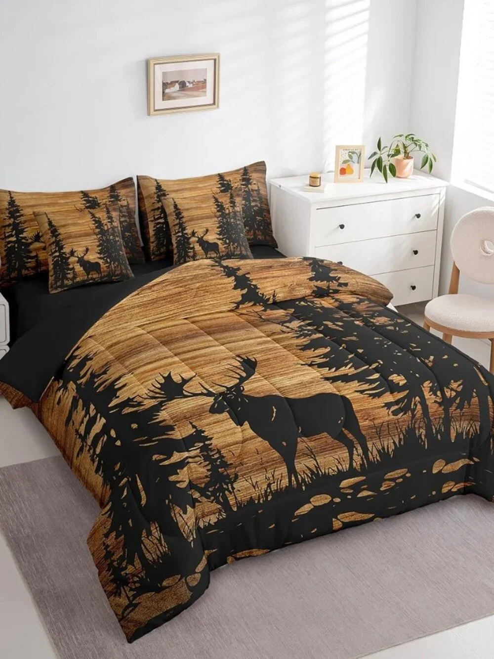 Moose Comforter Set 7 Pieces Twin Size Rustic Cabin Country Bedding Set for Kids
